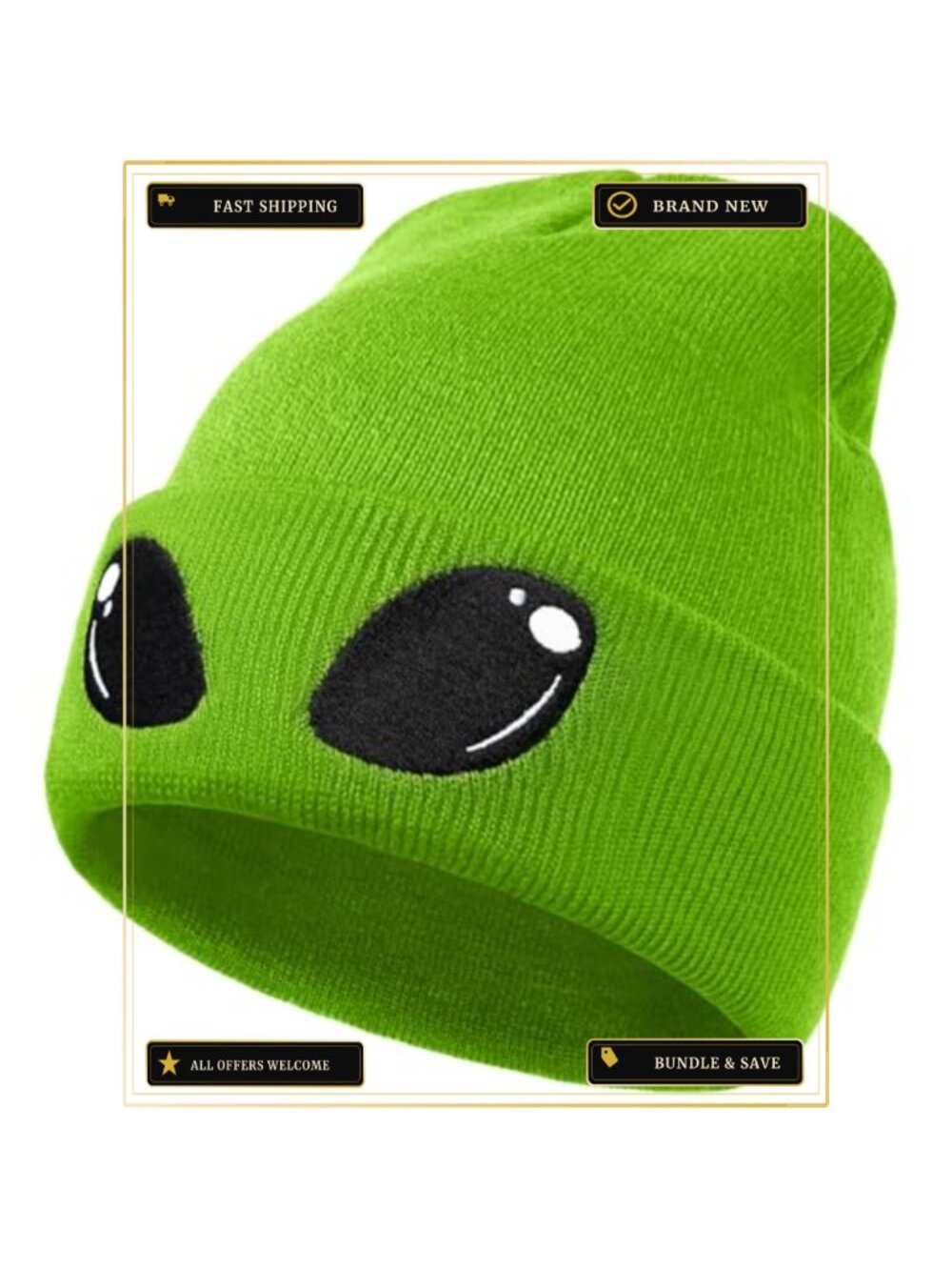 Funny Alien Beanie Hat Big Eyes Cuffed Knit Winter Warm Soft Stretchy Daily Cap